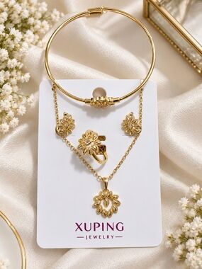Xuping Kids Gold Floral Jewelry Set – Necklace, Bracelet, Ring & Earrings